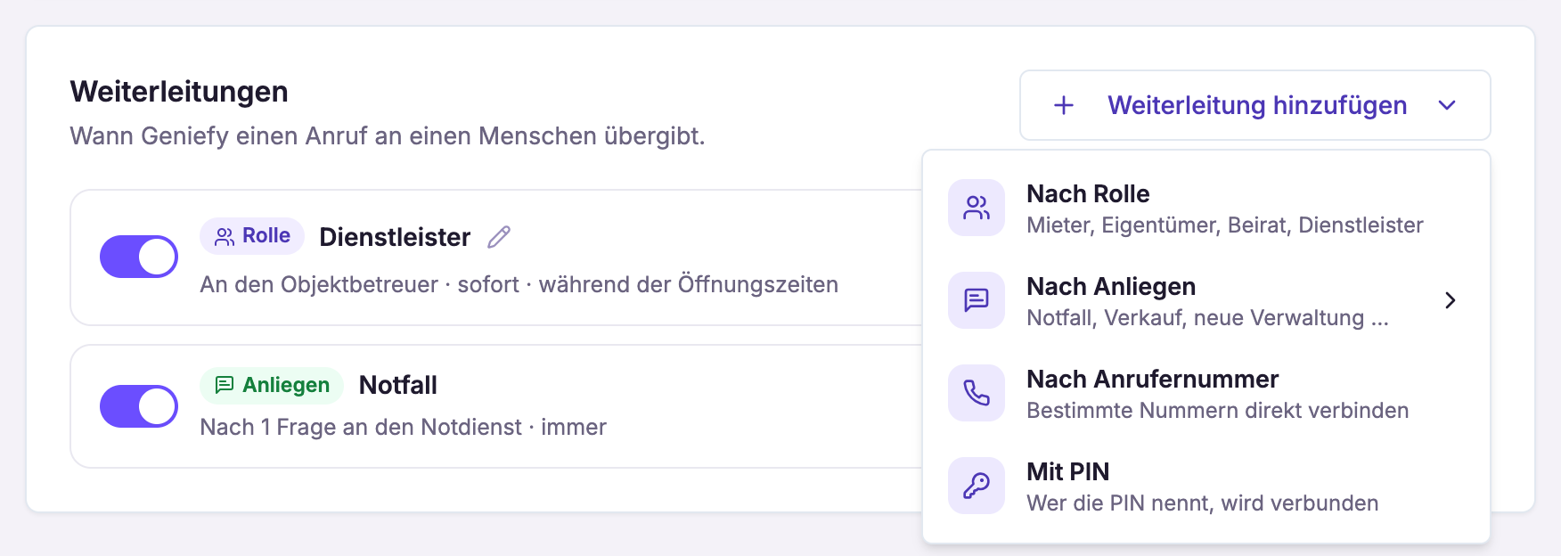 Die Karte Weiterleitungen im Geniefy-Dashboard mit einer Regel für Dienstleister und dem Anliegen Notfall. Das Menü Weiterleitung hinzufügen ist offen: Nach Rolle, Nach Anliegen, Nach Anrufernummer, Mit PIN.
