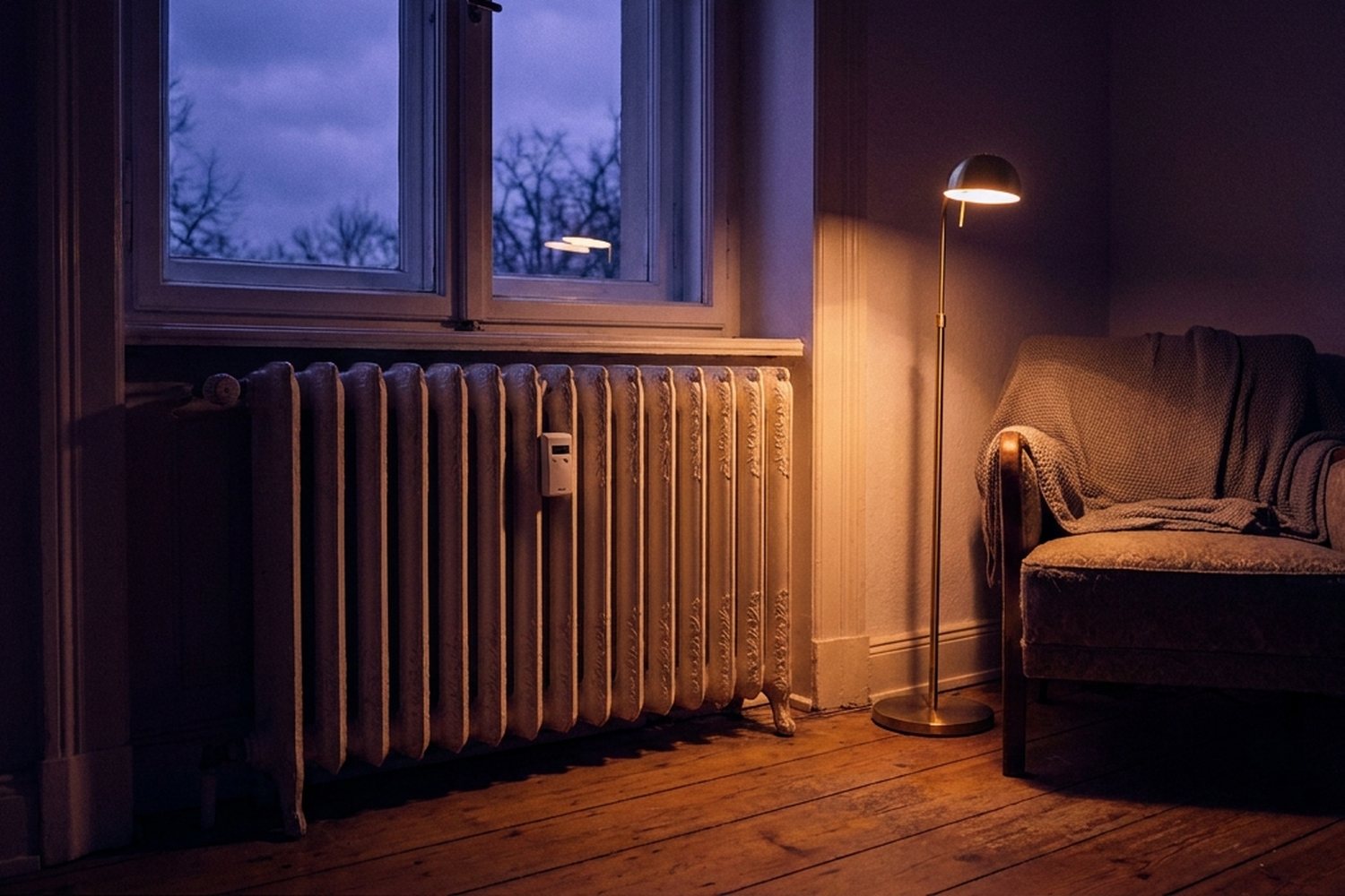 Gusseiserner Heizkörper unter einem Fenster in einer Altbauwohnung, ein elektronischer Heizkostenverteiler an der Front, daneben eine warm leuchtende Stehlampe