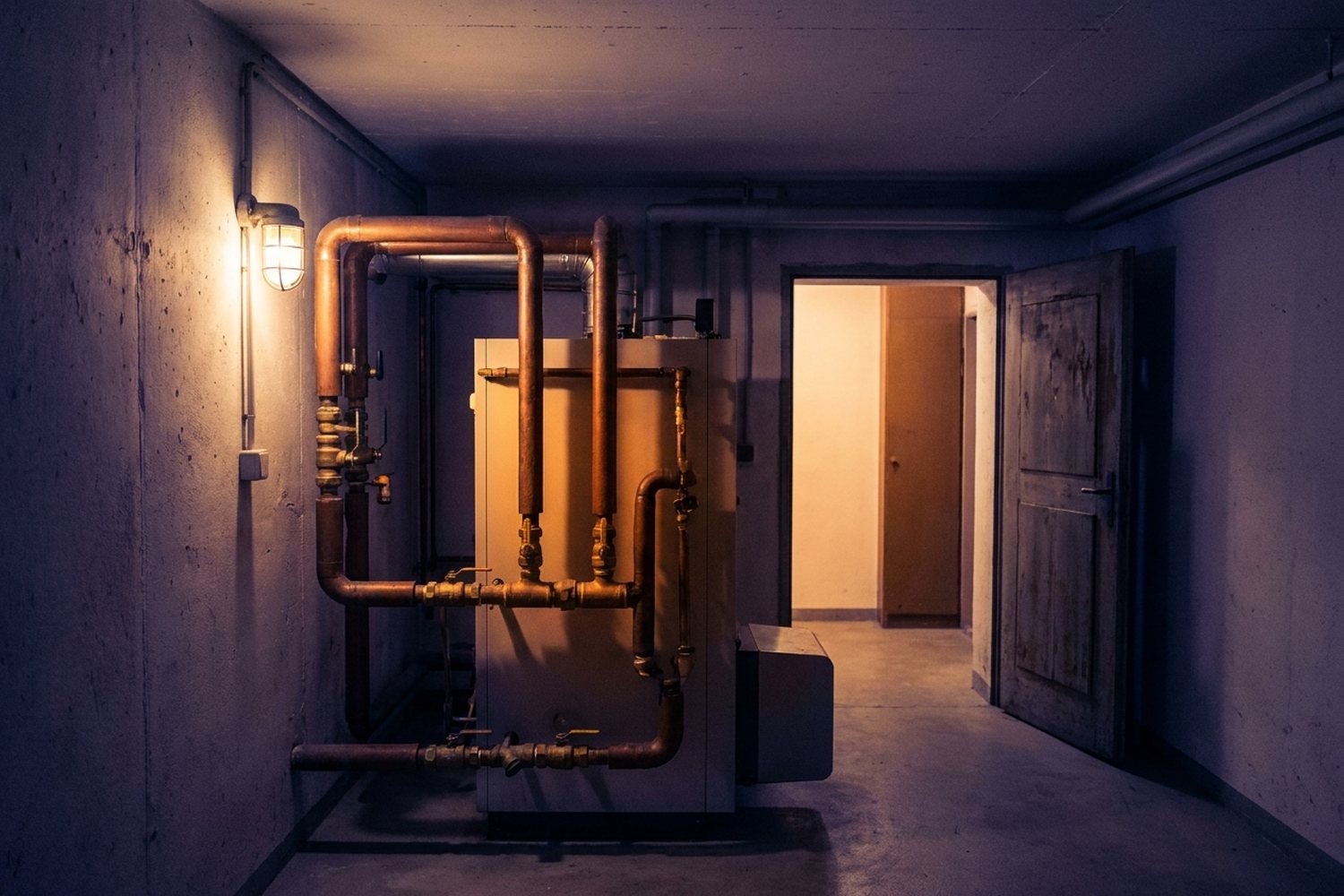 Heizungskeller eines Mehrfamilienhauses mit Gaskessel und Kupferrohren, eine warme Wandleuchte und eine offene Tür zum Flur