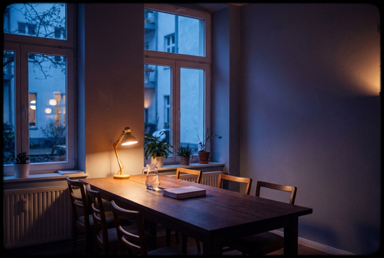 Langer Holztisch im Gemeinschaftsraum eines Wohnhauses, eine Lampe brennt, draußen der Innenhof zur blauen Stunde