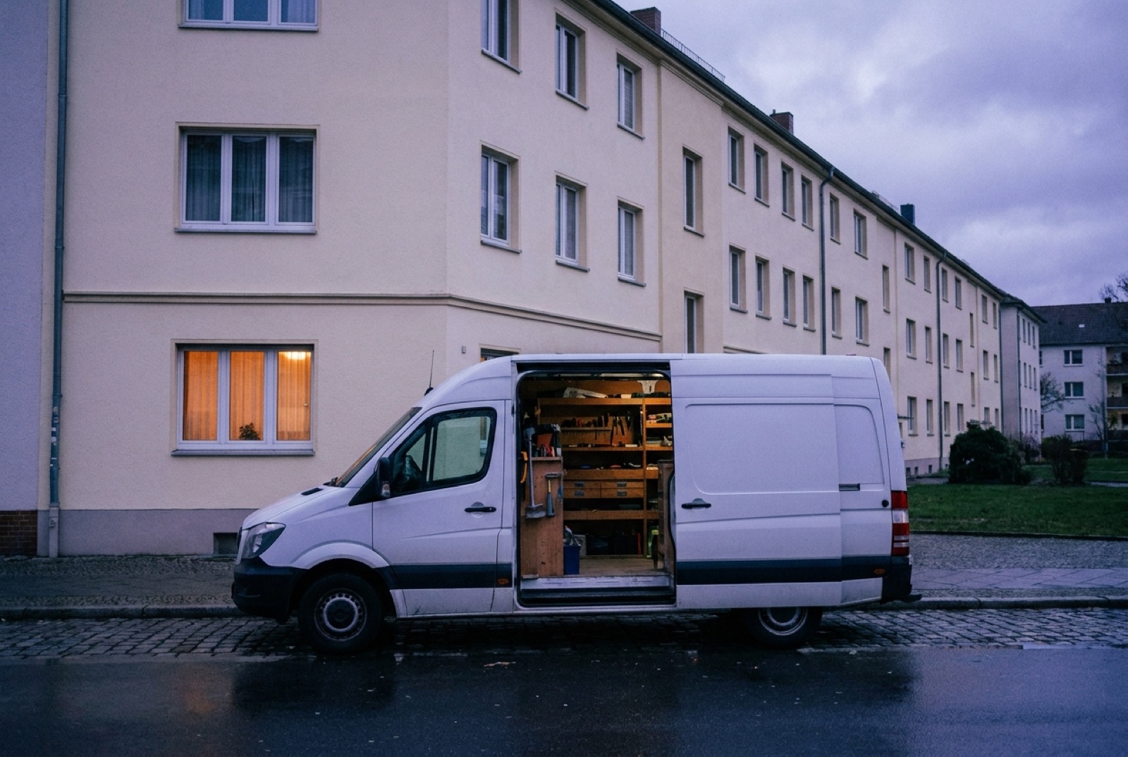 Weißer Handwerkerbus mit offener Seitentür vor einem gepflegten Wohnhaus in der Dämmerung