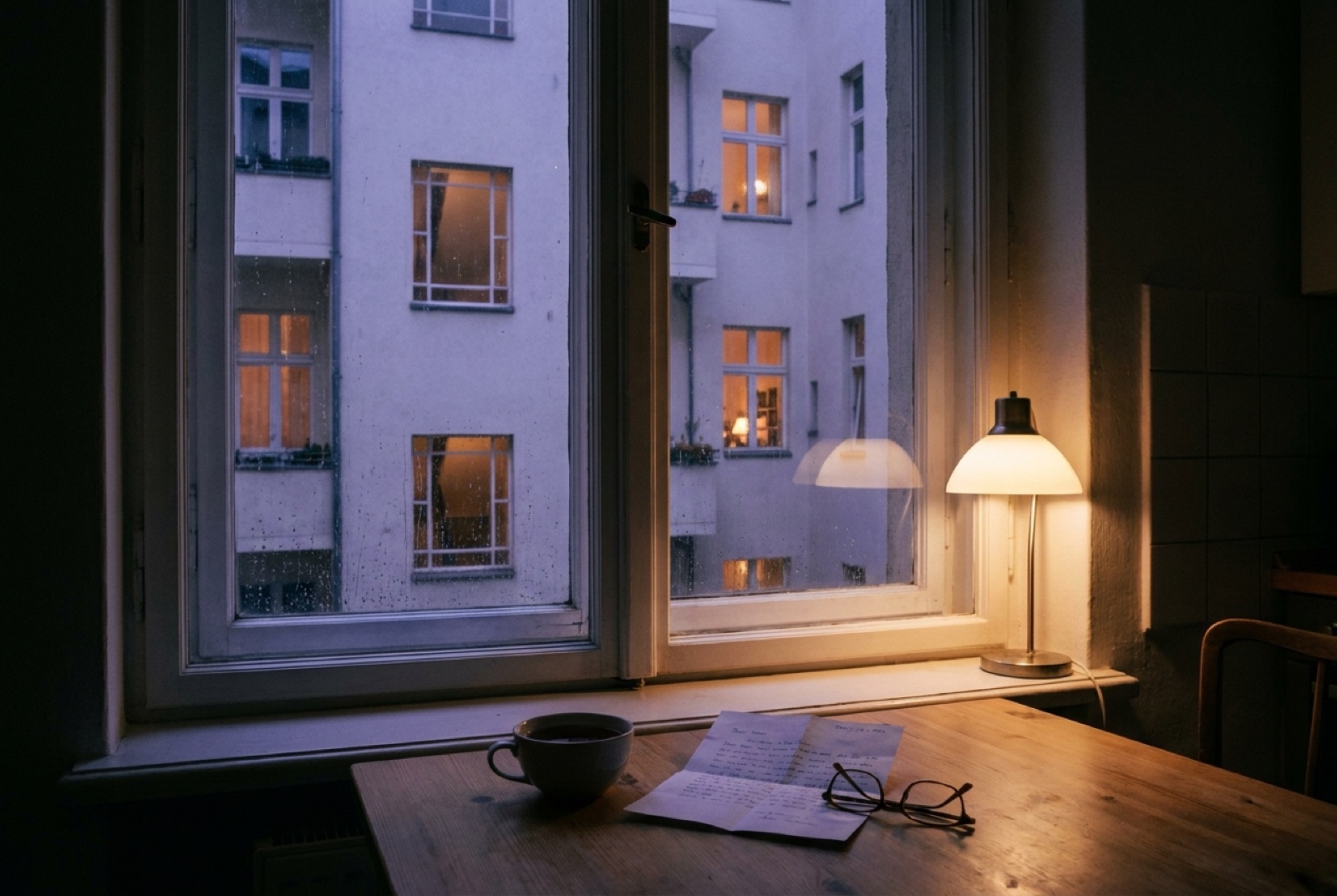 Küchentisch am Fenster einer Altbauwohnung in der Dämmerung, Tasse, Brief und Lesebrille, gegenüber erleuchtete Fenster