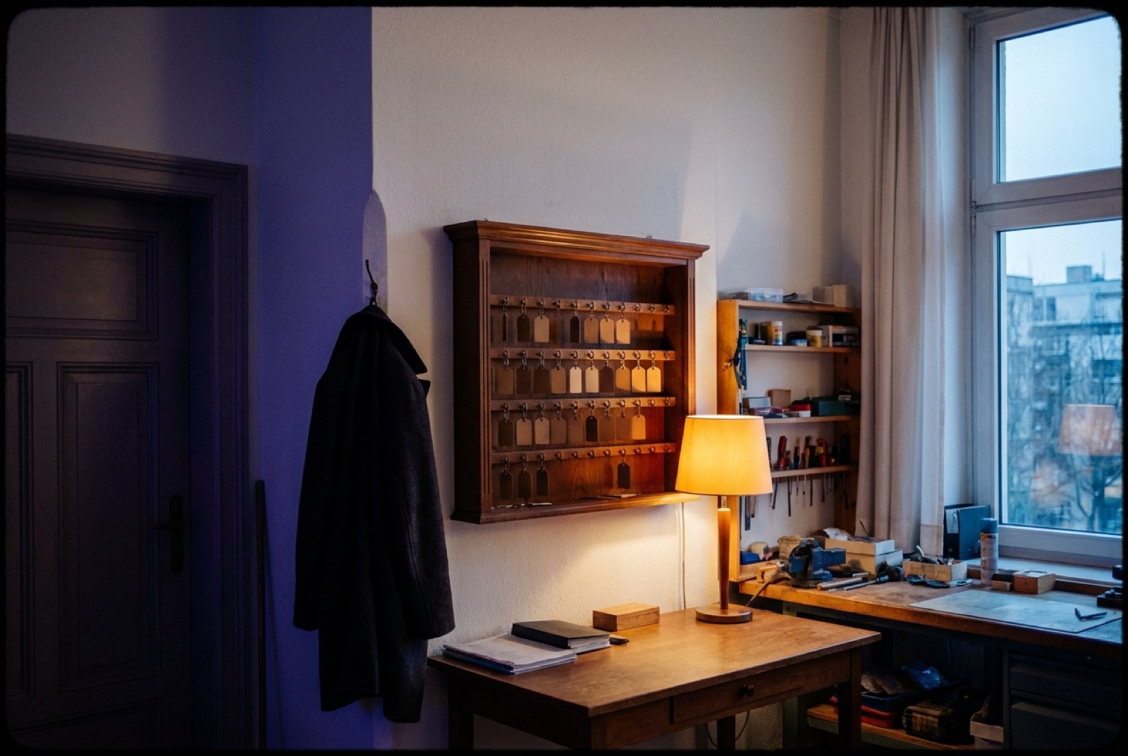 Schlüsselkasten mit Messinghaken im Hausmeisterraum eines Wohnhauses, eine Schreibtischlampe brennt