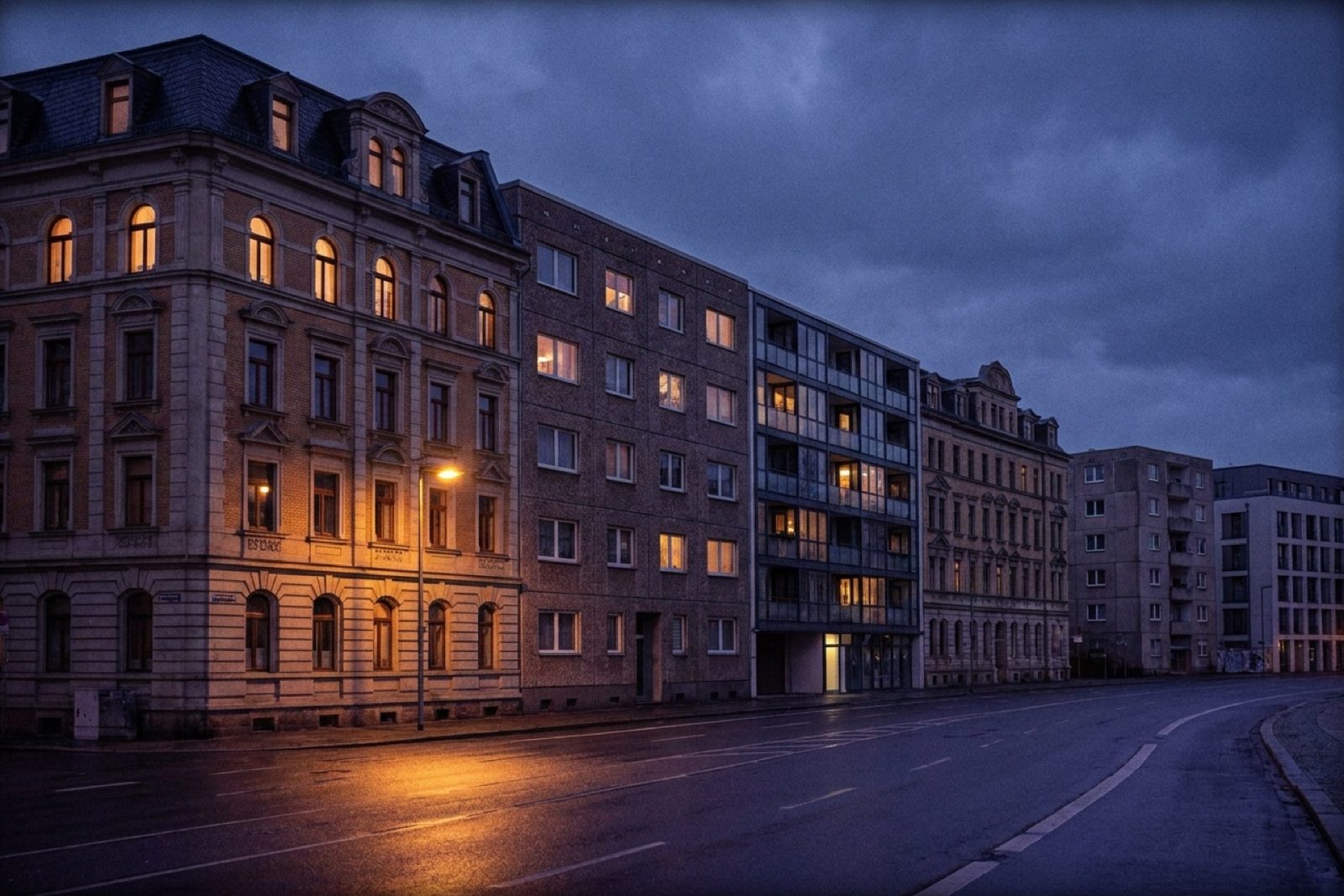 Straßenzug mit sechs unterschiedlichen Mehrfamilienhäusern zur blauen Stunde, viele Fenster warm erleuchtet