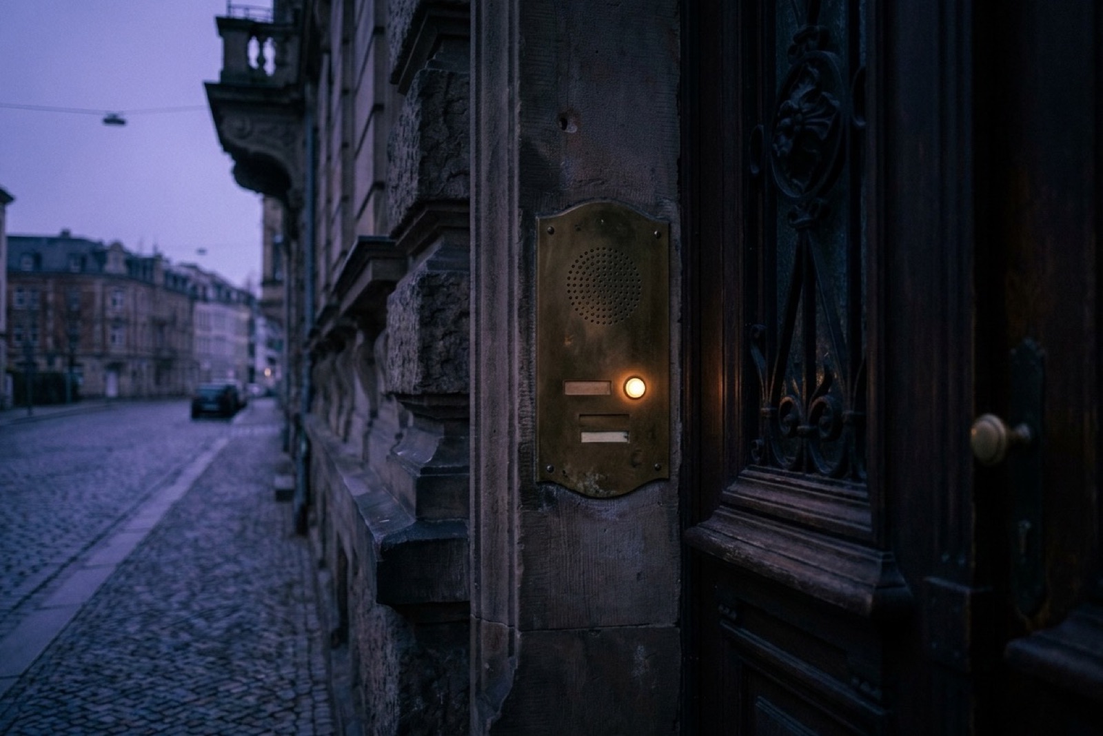 Messing-Türsprechanlage an einem Gründerzeithaus, der Klingelknopf leuchtet warm in der Abenddämmerung