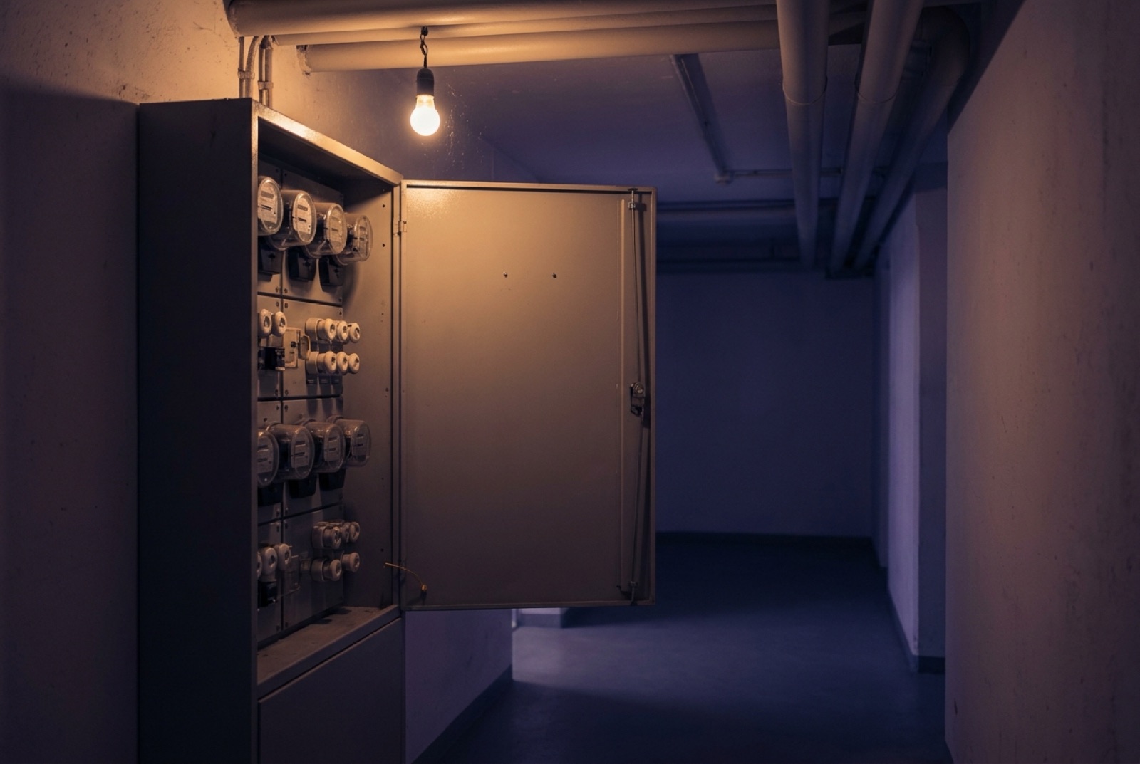 Offener Zählerschrank im Keller, eine Glühbirne darüber